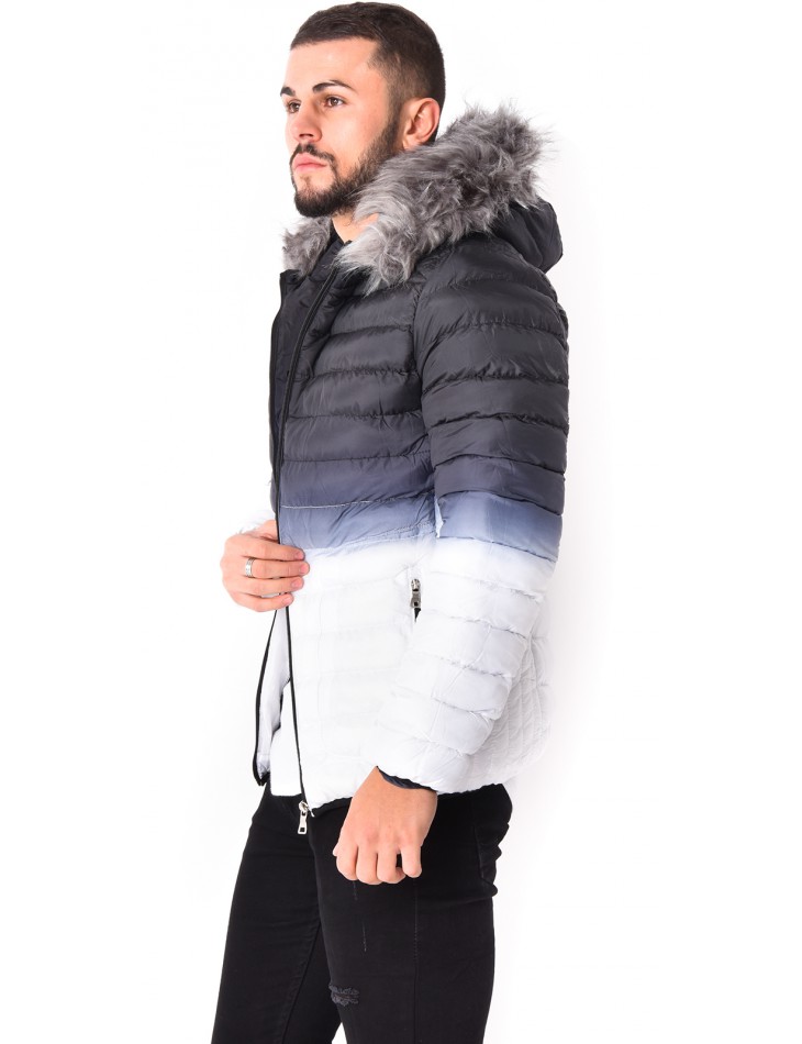 Black and White Ombré Padded Jacket with Fur