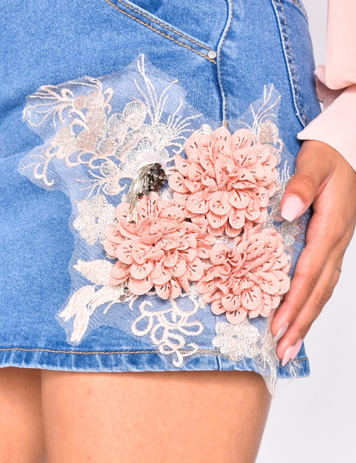 Denim Skirt with Flowers and Belt