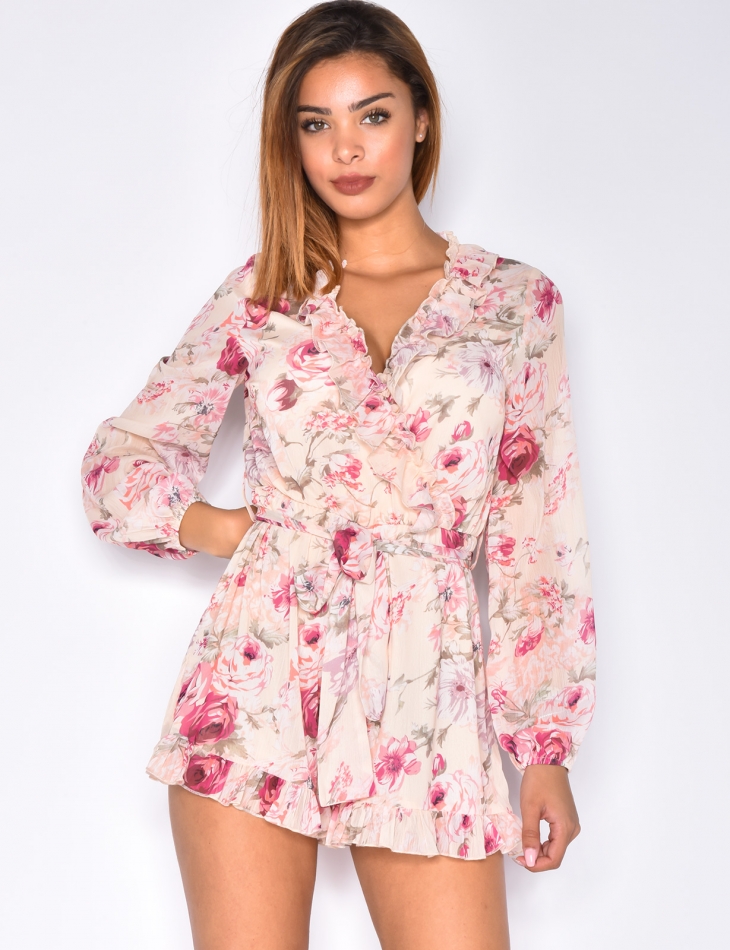 Loose Fit Flowery Playsuit with Belt and Ruffles