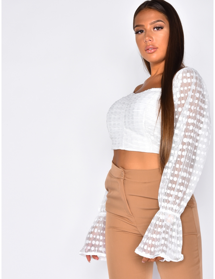 Polka Dot Crop Top with Voile Puff Sleeves
