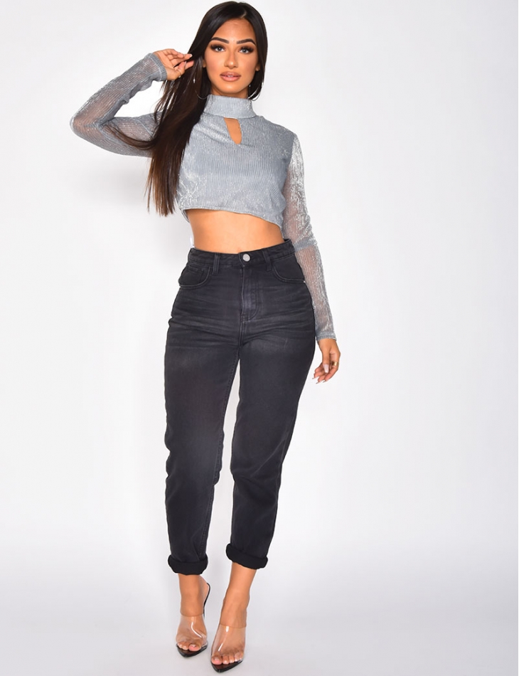 Glittery Long Sleeved Crop Top with Zip