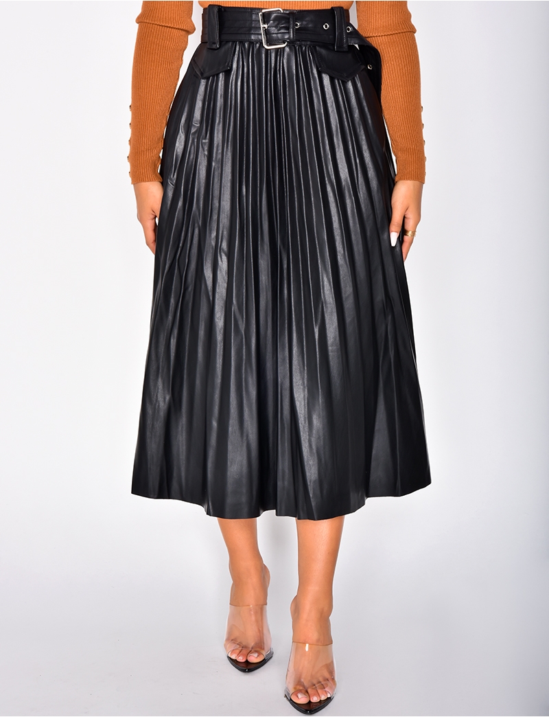 PU Leather Pleated Skirt with Belt - Jeans Industry