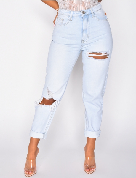 Ripped Light Mom Jeans