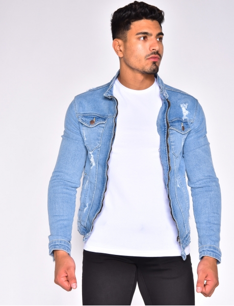 Ripped Denim Jacket with Zip