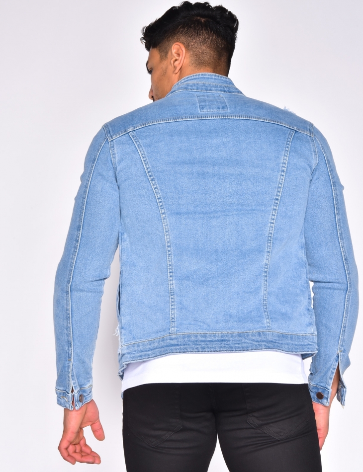 Ripped Denim Jacket with Zip