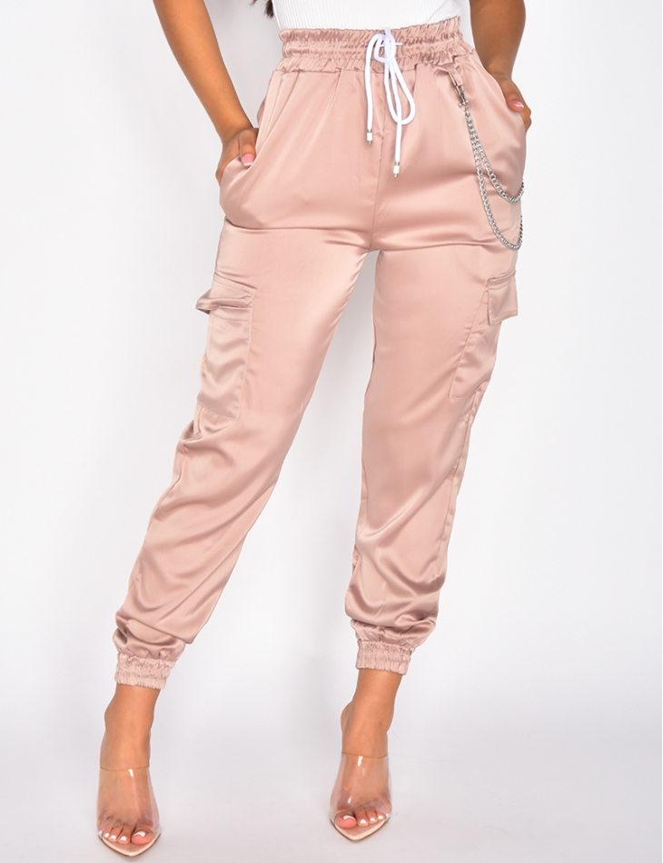 Satiny Cargo Trousers with Chain