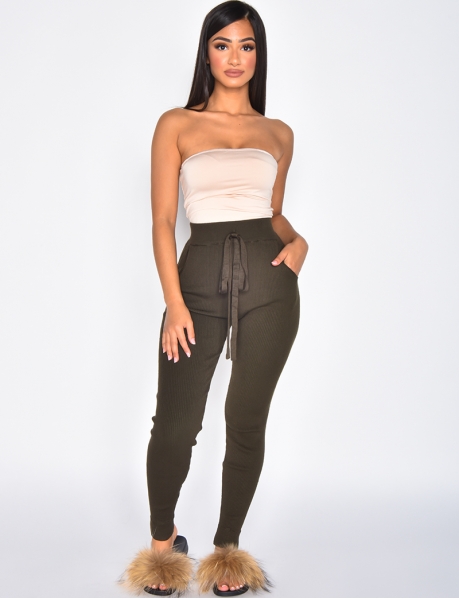 High-waisted ribbed loungewear trousers