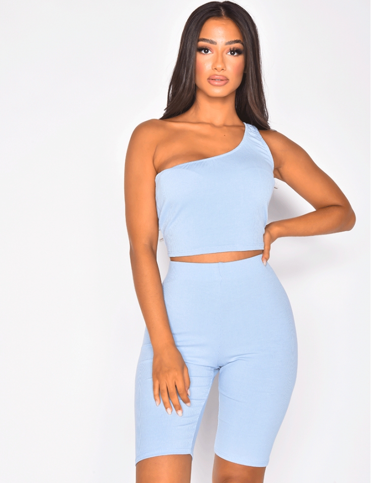 Asymmetric Ribbed Crop Top and Shorts Co-ord