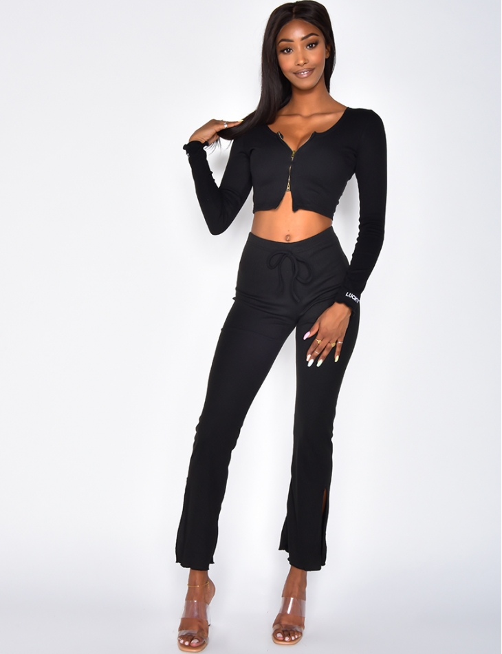 "Lucky Label" Flared Slit Trousers and Zip Crop Top Co-ord