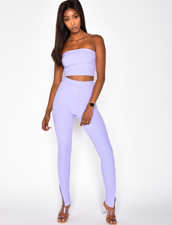Ribbed Bandeau and Slit Trousers Co-ord