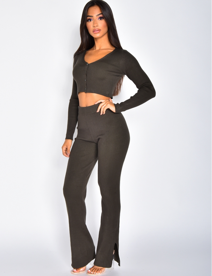 Ribbed Slit Flared Trousers and Cardigan Co-ord