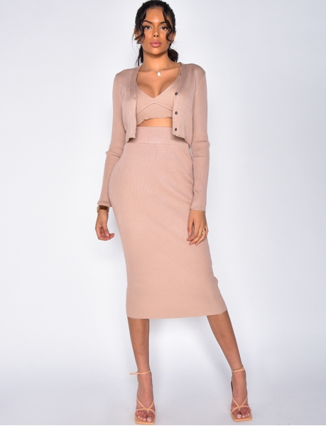 Ribbed Bralette, Cardigan and Skirt Co-ord