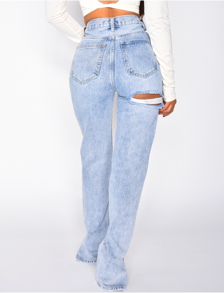 High-Waisted Ripped Jeans with Slits
