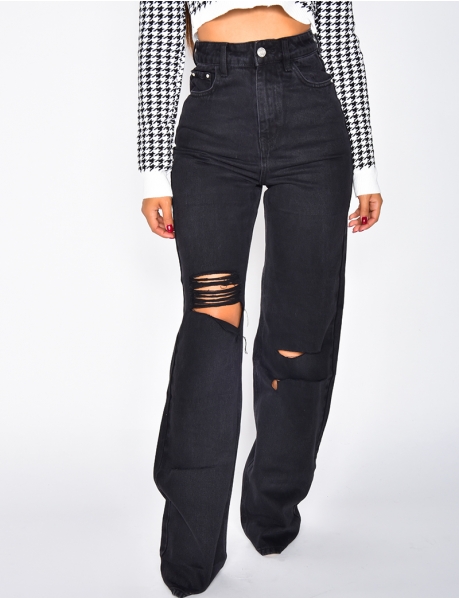 Ripped High-Waisted Straight Leg Jeans