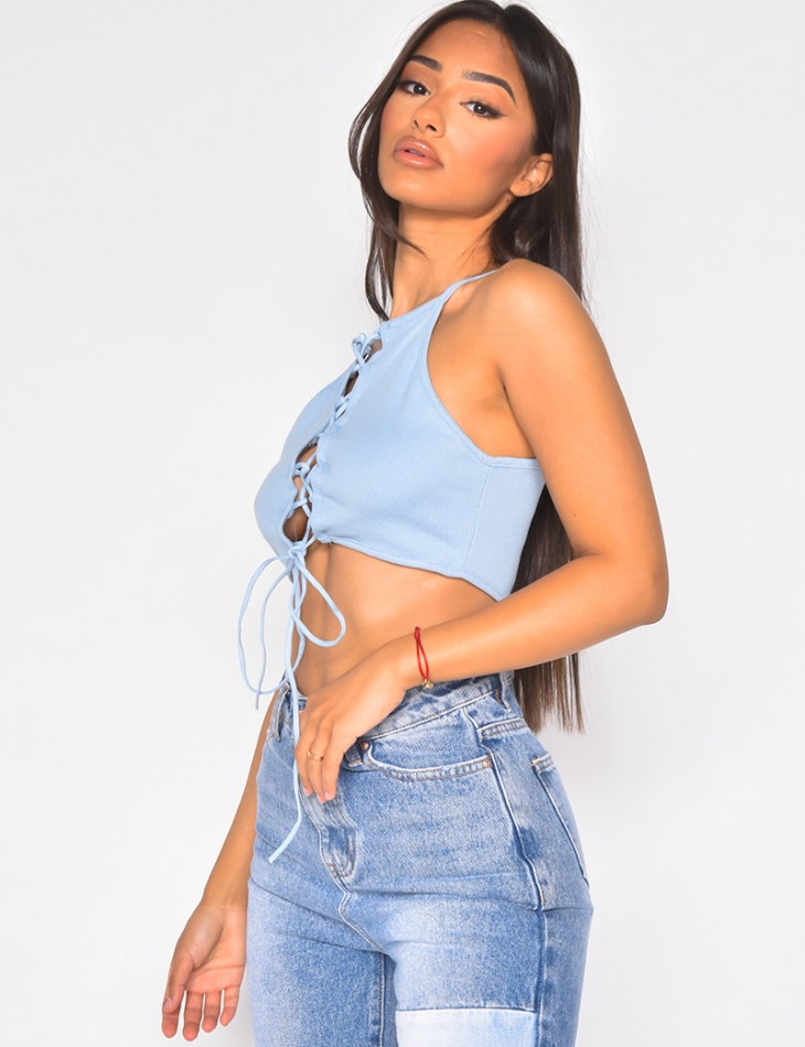 Ribbed crop top with lace-up front and thin straps