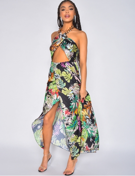 Openwork satin maxi dress with tropical-patterned neck link