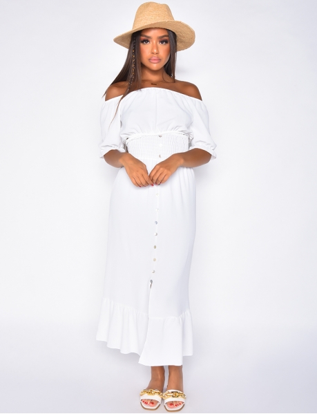 Crop Top and Long Ruched Skirt with Button Co-ord