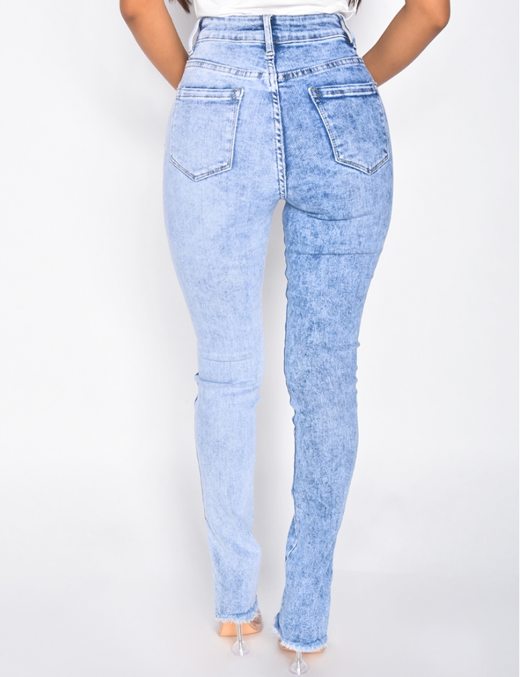 Jeans skinny taille haute bi-color à fentes