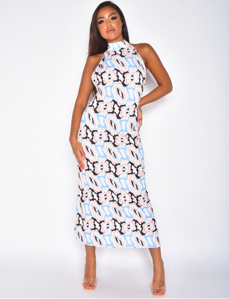 Long fluid backless dress with pattern