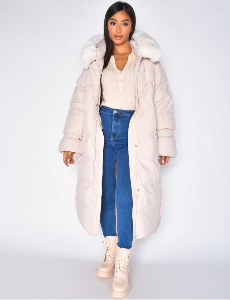 Long Puffer Jacket with Faux Fur-lined hood