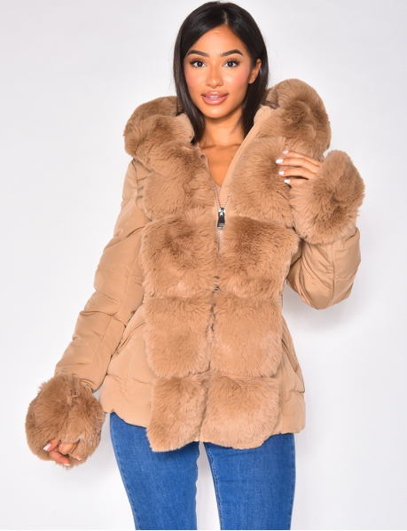 Puffer jacket with faux fur and belt