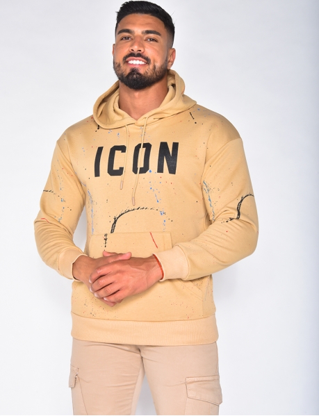 "ICON" hoodie with paint-style flecks
