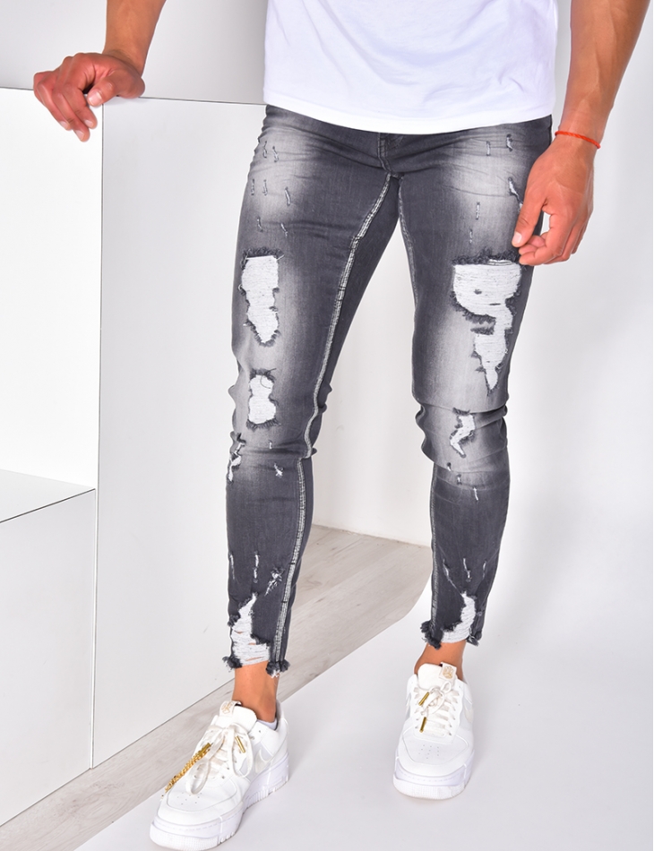 Jeans skinny destroy gris délavé
