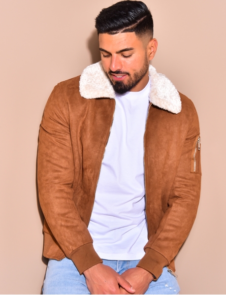 Suedette Bomber Jacket with Fur Collar
