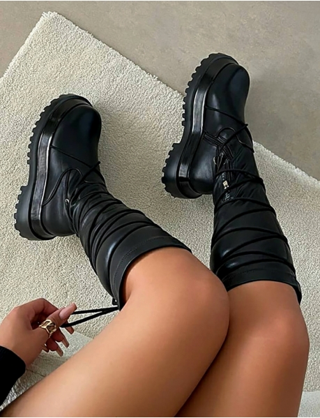 Faux Leather Lace Up Boots with Thick Sole