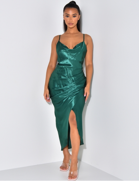 Long satin dress with slit and thin straps