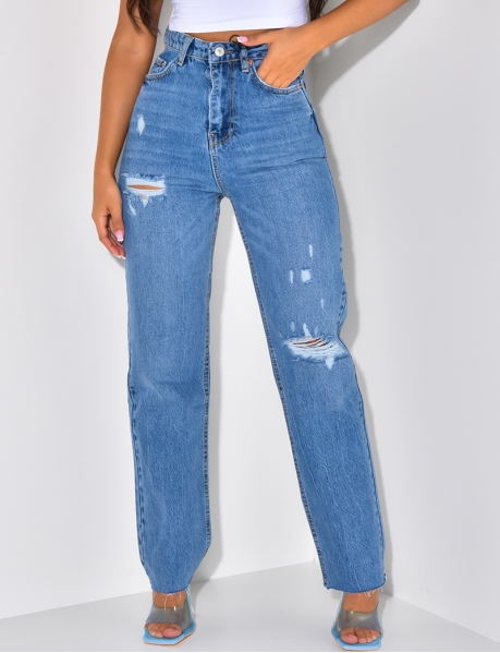 Wide ripped high-waisted jeans