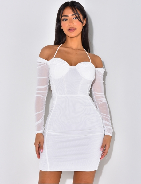 Corset-Style Dress with Bardot Neckline and Long Voile Sleeves
