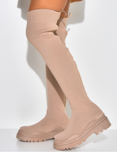 Thigh-high Sock Boots with Contrasting Wedge