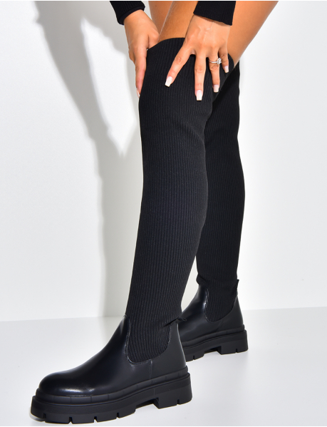 Dual-Material Thigh-high Sock Boots with Lugged Sole