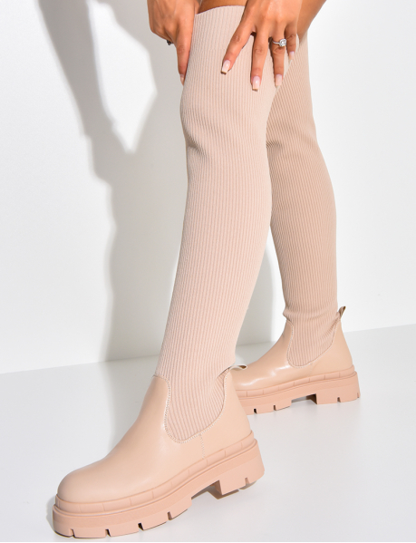 Dual-Material Thigh-high Sock Boots with Lugged Sole
