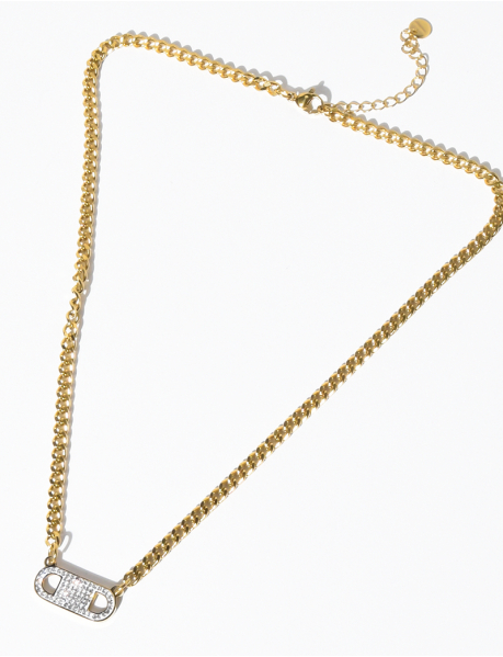 Gold-tone link necklace with diamanté pendant