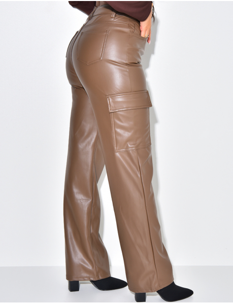 Wide faux leather trousers with pocket
