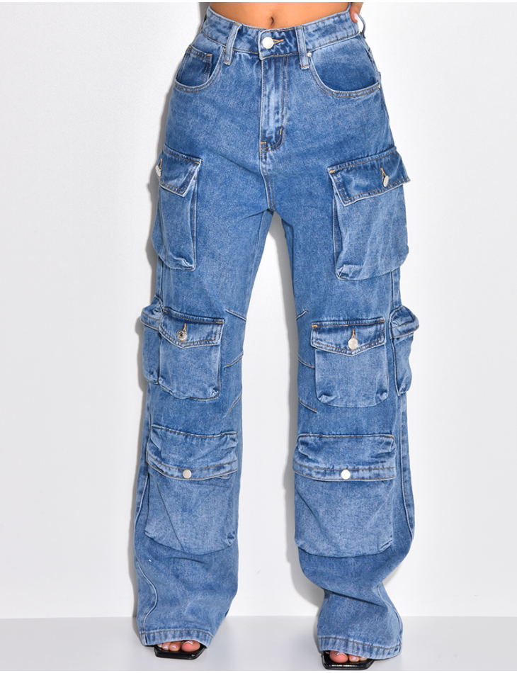 Jeans cargo coupe droite à multi-poches