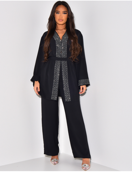 Diamanté-trimmed flowing tunic and trousers co-ord