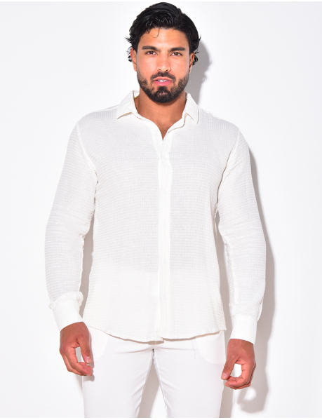 Long sleeve linen shirt with honeycomb effect
