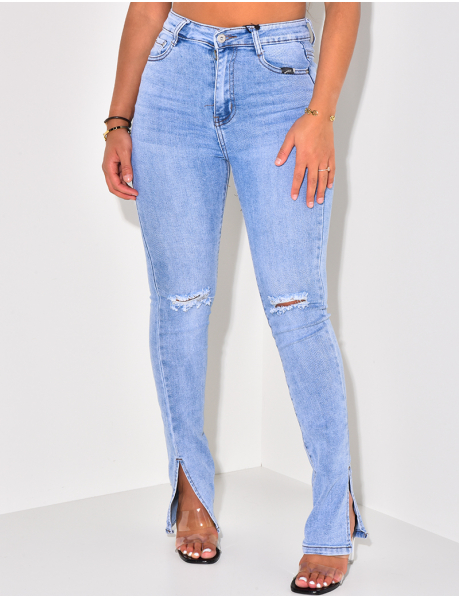 Skinny-Fit-Jeans in Destroyed-Optik mit hoher Taille und Knöchelschlitz