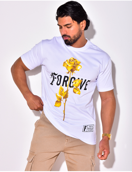 T-shirt "FORGIVE" avec une rose dorée