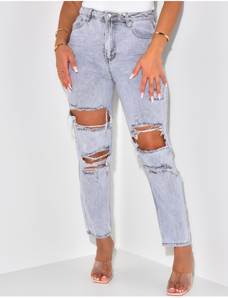 Jeans mom taille haute ultra destroy