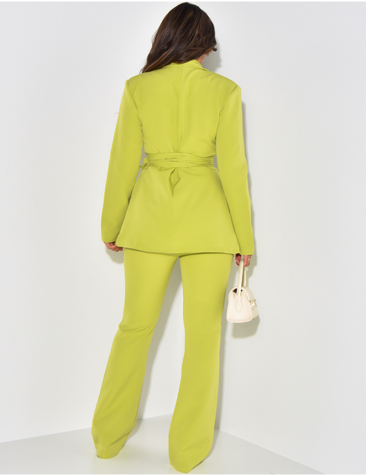 Suit with Wide Belt & Flared Trousers
