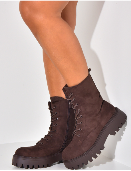 Suedette ankle boots with laces and thick sole