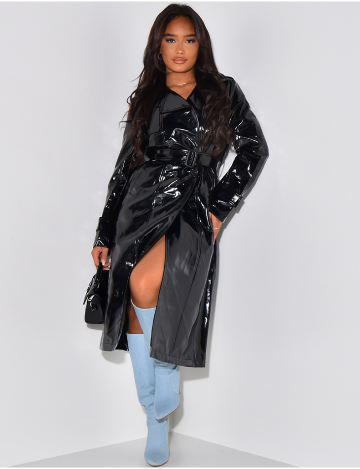   Patent leather-effect long trench coat