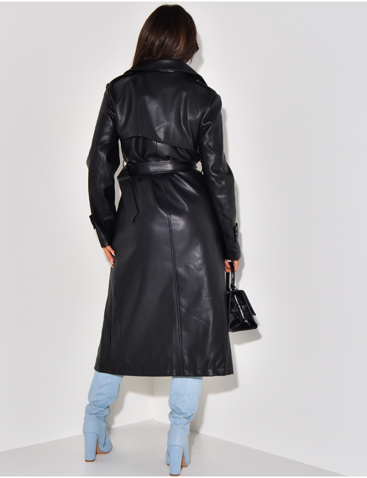 Very long trench coat in imitation leather