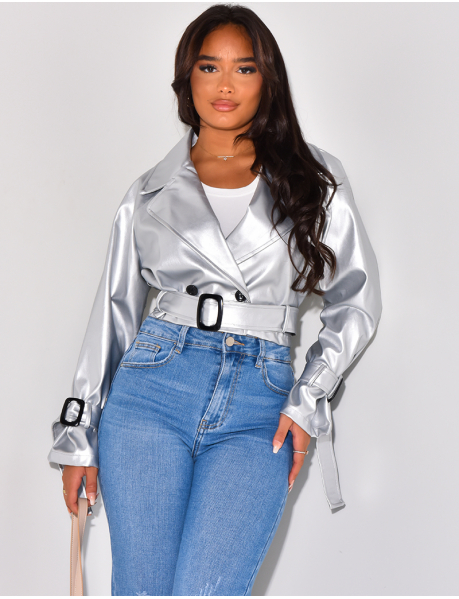   Belted short trench in imitation leather