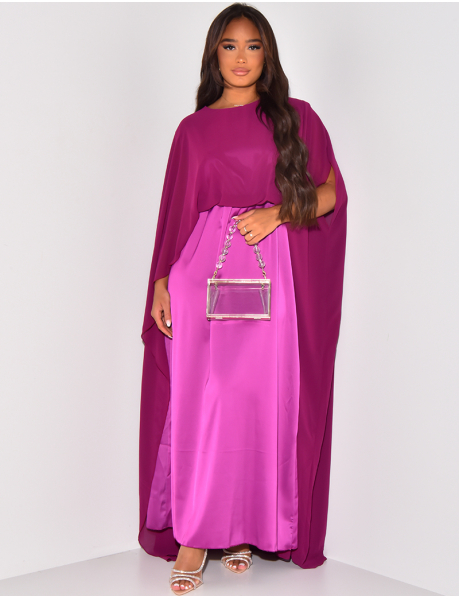 Satin maxi dress with draped voile cape