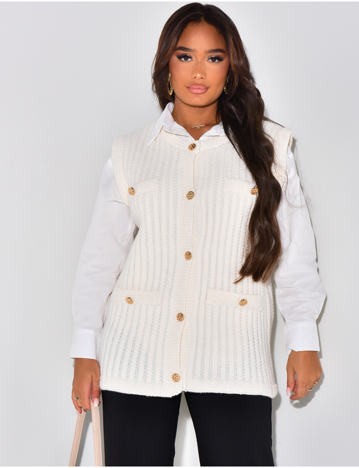   Sleeveless wool cardigan with gold buttons